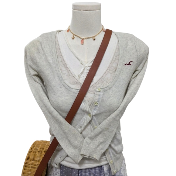 Hollister Sweaters - Hollister Vintage Grey White Cream Button Up Babydoll Cardigan